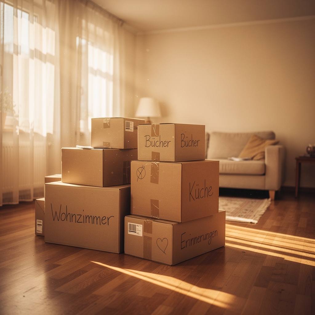 Sorgfältig verpackte Umzugskartons im Wohnzimmer